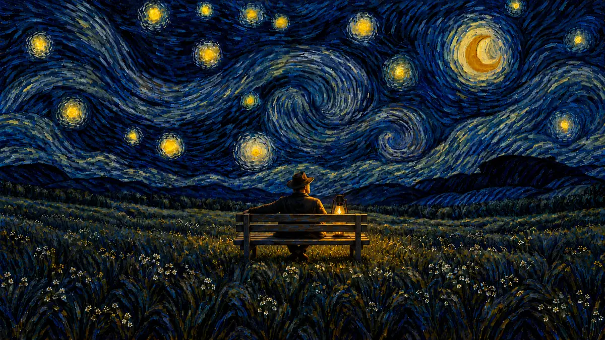 Peinture de nuit étoilée : un homme assis sur un banc dans une prairie fleurie, une lanterne allumée à côté de lui, sous un ciel tourbillonnant.