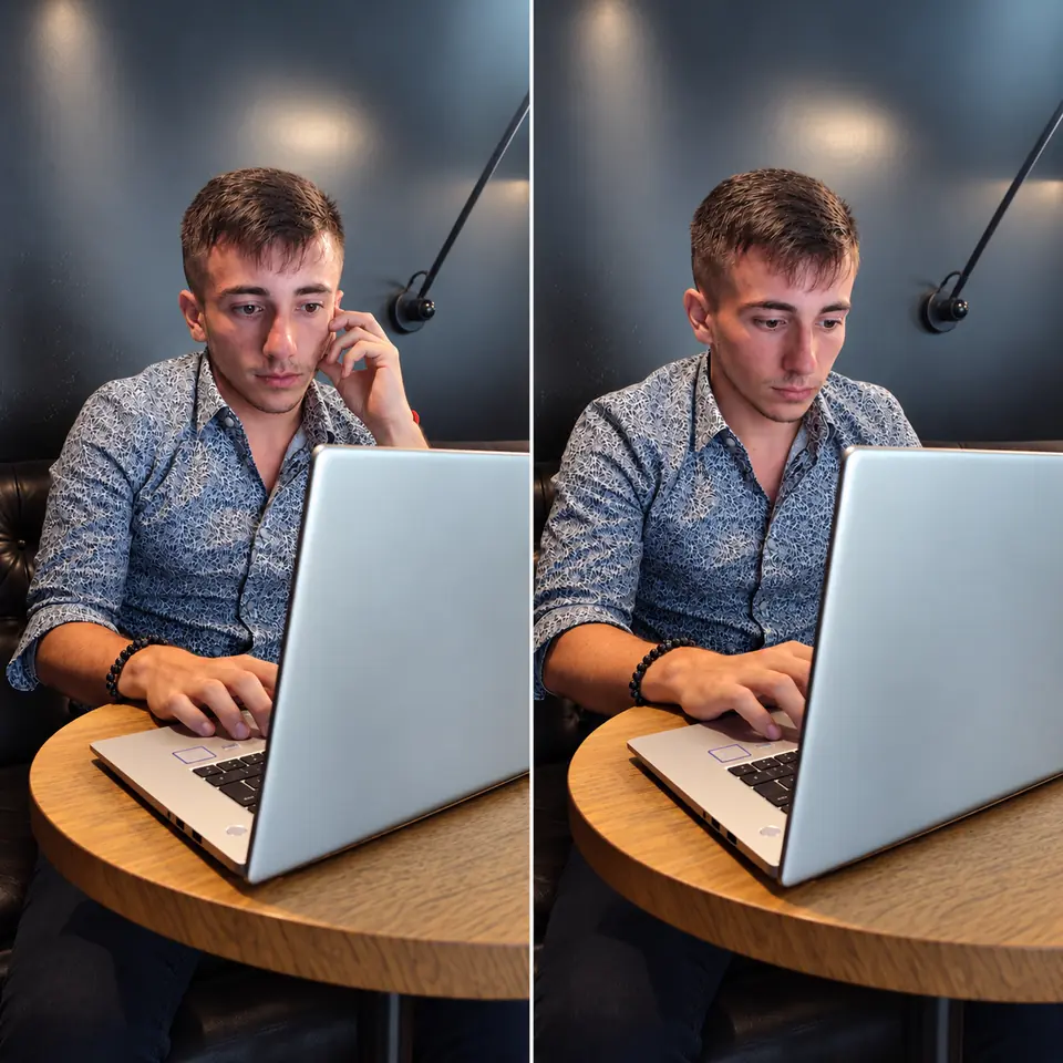 Thomas, 19 ans, concentré sur son ordinateur portable dans un café, en train de coder un site.